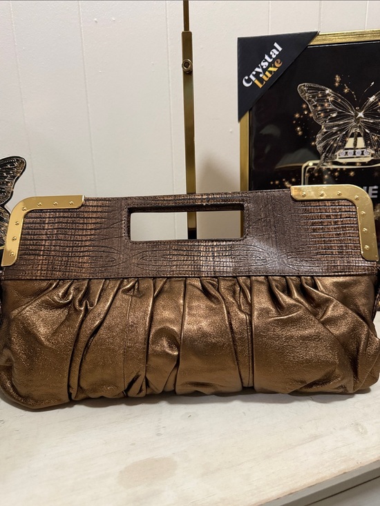 BCBGMaxAzria Handbags - BCBGMAX Azria Bronze Metallic Pleated Wristlet Clutch with Gold Accents